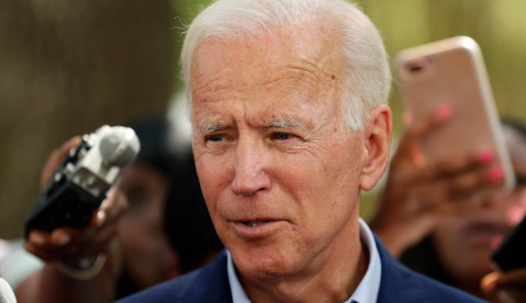 Democratic presidential candidate former Vice President Joe Biden speaks to members of the media following a visit with students on the campus of Texas Southern University Friday, Sept. 13, 2019, in Houston. 