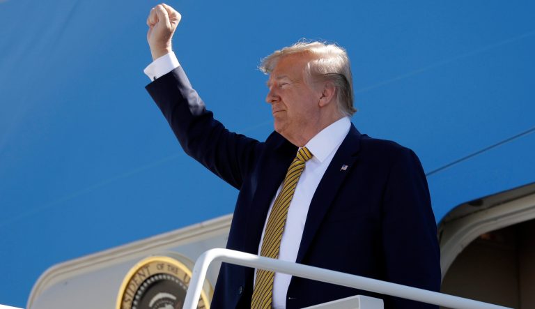 President Donald Trump boards Air Force One at Albuquerque International Sunport, Tuesday, Sept. 17, 2019, in Albuquerque, N.M. 