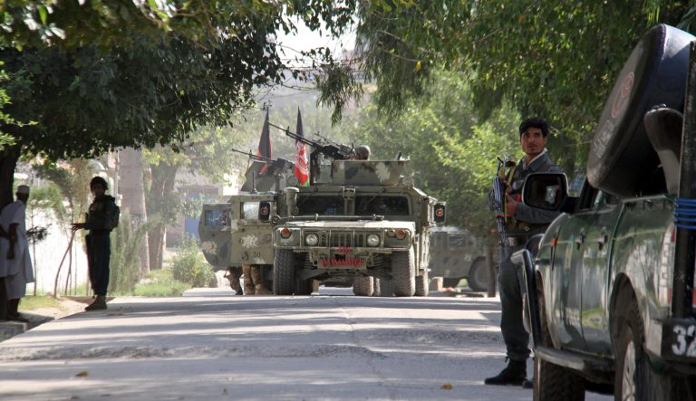Afghan security forces arrive near the site of a suicide bombing and gun battle as militants attempted to storm a government office, in Jalalabad, the provincial capital of eastern Afghanistan, Wednesday, Sept. 18, 2019. 