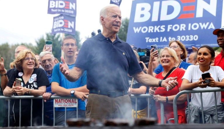 Democratic presidential candidate former Vice President Joe Biden works the grill during the Polk County Democrats Steak Fry, Saturday, Sept. 21, 2019, in Des Moines, Iowa.