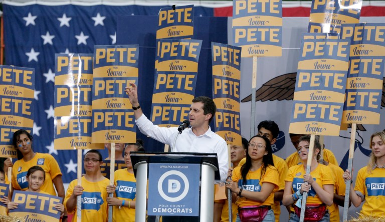 Democratic presidential candidate and South Bend Mayor Pete Buttigieg speaks at the Polk County Democrats Steak Fry, in Des Moines, Iowa, Saturday, Sept. 21, 2019. 