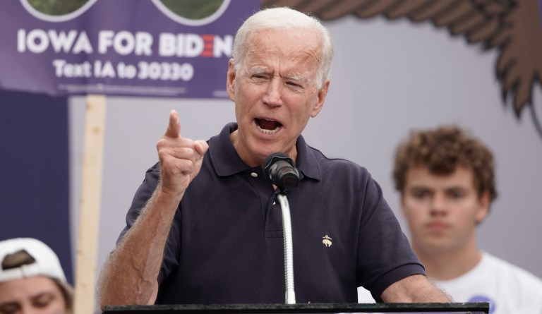 Democratic presidential candidate and former Vice President Joe Biden speaks at the Polk County Democrats Steak Fry, in Des Moines, Iowa, Saturday, Sept. 21, 2019.