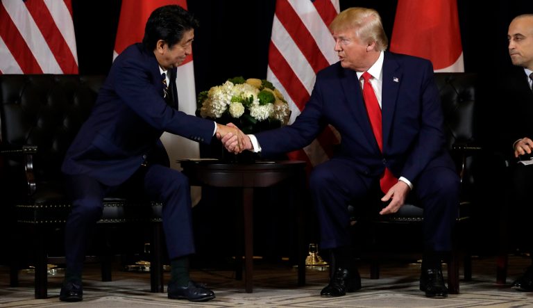 President Trump meets with Japanese Prime Minister Shinzo Abe at the InterContinental Barclay New York hotel during the United Nations General Assembly, Wednesday, Sept. 25, 2019, in New York. 