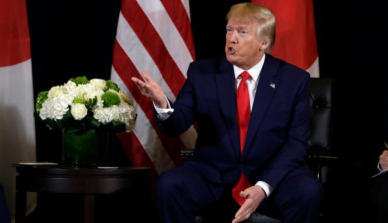 President Trump talks at the InterContinental Barclay New York hotel during the United Nations General Assembly, Wednesday, Sept. 25, 2019, in New York. 