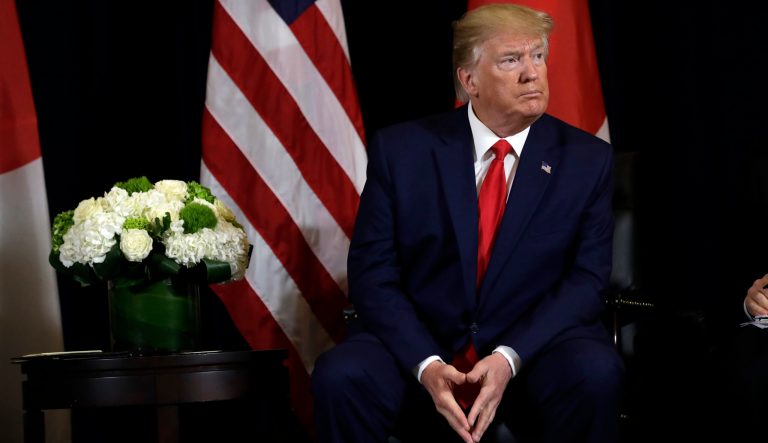 President Donald Trump talks at the InterContinental Barclay New York hotel during the United Nations General Assembly, Wednesday, Sept. 25, 2019, in New York. 