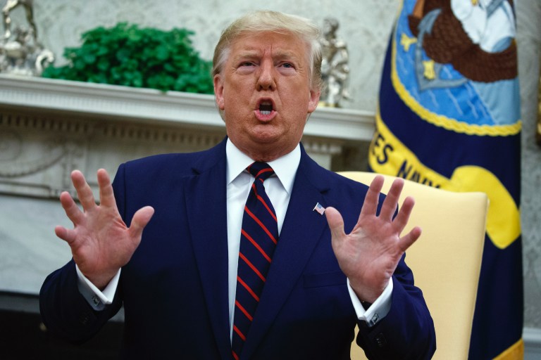 President Donald Trump speaks during a meeting with Finnish President Sauli Niinisto in the Oval Office of the White House, Wednesday, Oct. 2, 2019, in Washington. (AP Photo/Evan Vucci)

