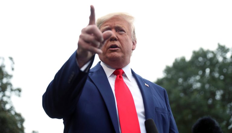 President Trump speaks to members of the media on the South Lawn of the White House in Washington, Thursday, Oct. 3, 2019, before boarding Marine One for a short trip to Andrews Air Force Base, Md., and then on to Florida.
