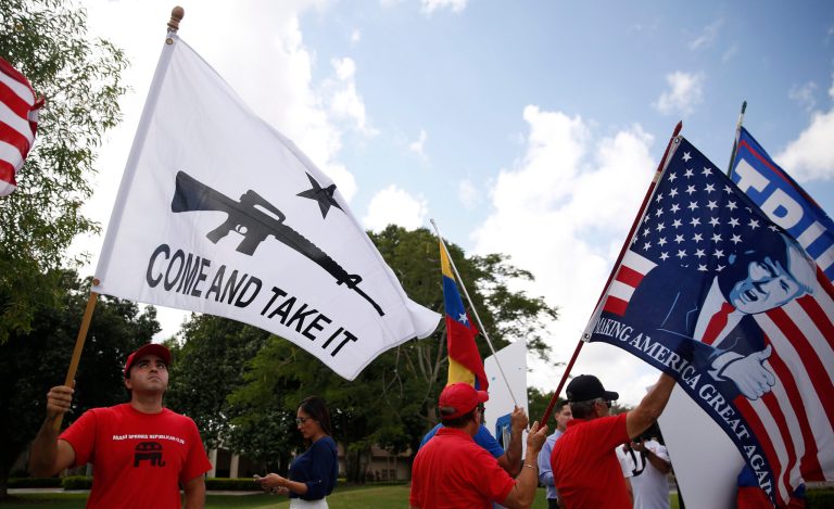 Supporters of President Donald Trump protest ahead of a speech by Speaker of the House Nancy Pelosi, D-Calif., in Weston, Fla., on Thursday, Oct. 3, 2019.