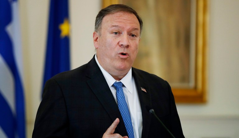 U.S. Secretary of State Mike Pompeo talks during a joint news conference with Greek Foreign Minister Nikos Dendias, following their meeting in Athens, Saturday, Oct. 5, 2019. Pompeo is in Greece on the last leg of a four-nation European tour that has been overshadowed by the impeachment inquiry in Washington.