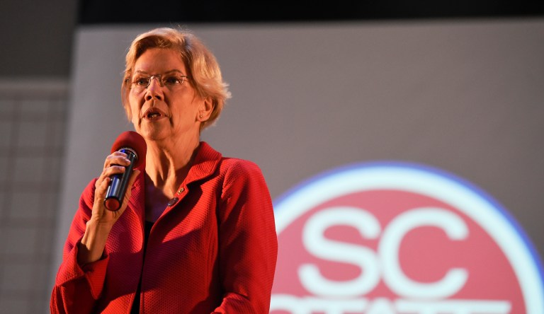 Democratic presidential contender and U.S. Sen. Elizabeth Warren speaks about the student loan debt relief legislative effort she's sponsoring on Wednesday, Oct. 9, 2019, at South Carolina State University in Orangeburg, S.C. House Majority Whip Clyburn, who is sponsoring a House version of the bill, hosted the town hall.