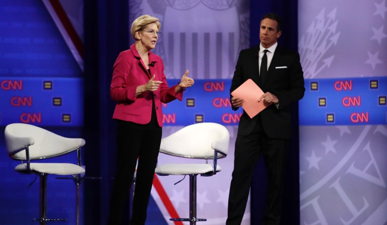 Democratic presidential candidate Sen. Elizabeth Warren, D-Mass., speaks as CNN moderator Chris Cuomo listens during the Power of our Pride Town Hall Thursday, Oct. 10, 2019, in Los Angeles. The LGBTQ-focused town hall featured nine 2020 Democratic presidential candidates.