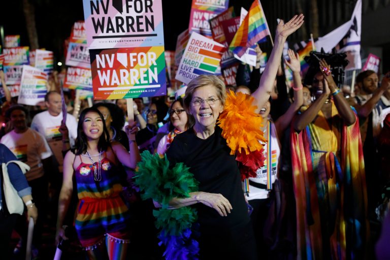 Democratic presidential candidate Sen. Elizabeth Warren, D-Mass., marches in the Las Vegas Pride Parade Friday in Las Vegas.