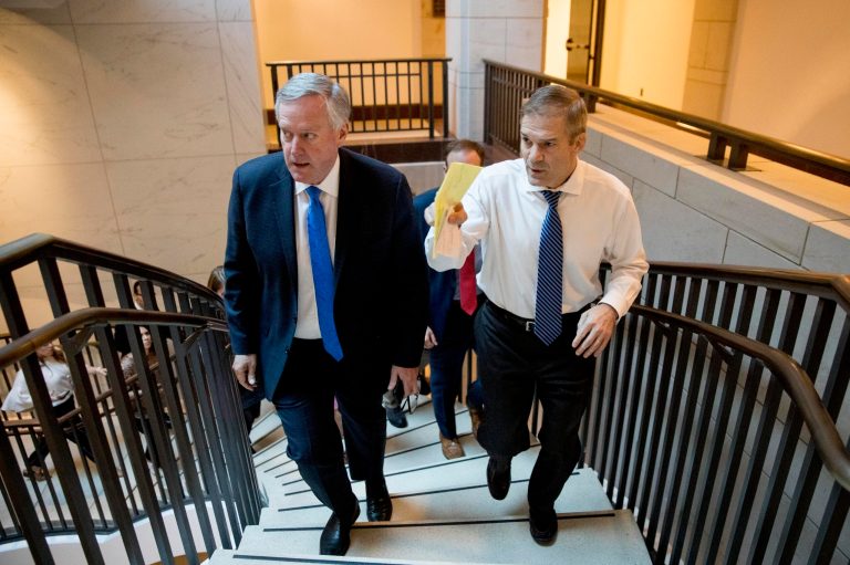 Rep. Mark Meadows, R-N.C., left, Rep. Jim Jordan, R-Ohio, devised a winning social media campaign to fight the Democratic impeachment theme.