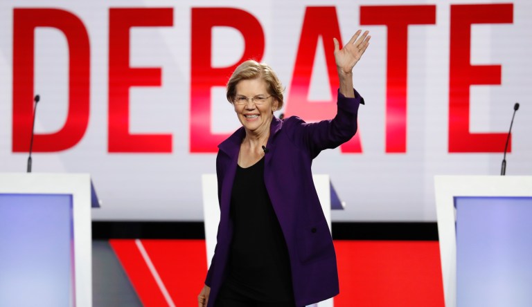 Sen. Elizabeth Warren, D-Mass., participates in a Democratic presidential primary debate hosted by CNN/New York Times at Otterbein University, Tuesday, Oct. 15, 2019, in Westerville, Ohio.