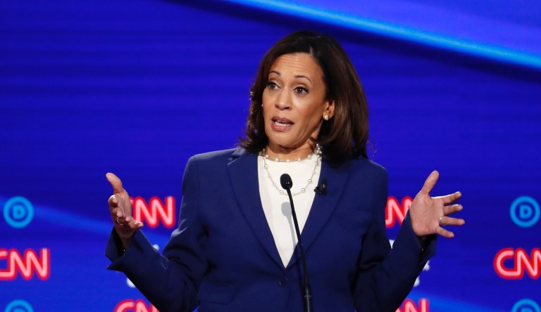 Democratic presidential candidate Sen. Kamala Harris, D-Calif., participates in a Democratic presidential primary debate hosted by CNN/New York Times at Otterbein University, Tuesday, Oct. 15, 2019, in Westerville, Ohio. 