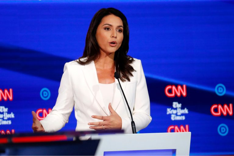 Democratic presidential candidate Rep. Tulsi Gabbard, D-Hawaii, participates in a Democratic presidential primary debate hosted by CNN/New York Times at Otterbein University.