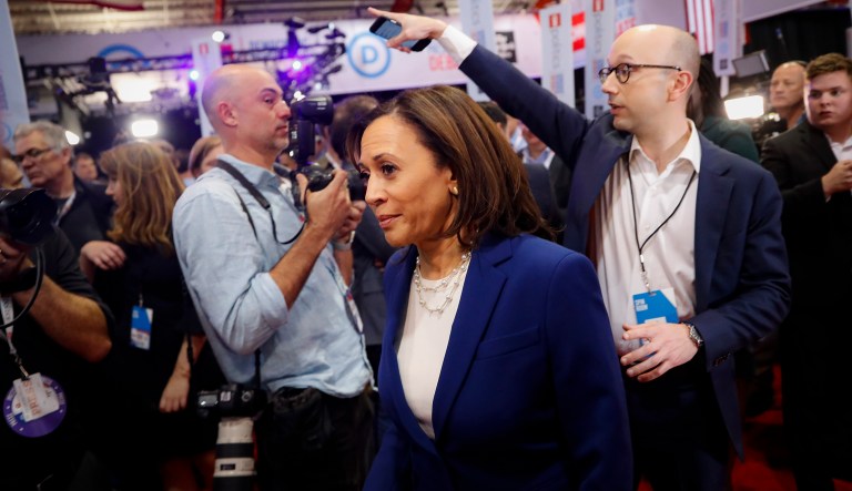 Democratic presidential candidate Sen. Kamala Harris, D-California, speaks to reporters in the spin room following a Democratic presidential primary debate hosted by CNN/New York Times at Otterbein University on Oct. 15th, 2019, in Westerville, Ohio.