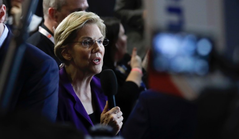 Democratic presidential candidate Sen. Elizabeth Warren, D-Mass., responds to questions following a Democratic presidential primary debate hosted by CNN/New York Times at Otterbein University, Wednesday, Oct. 16, 2019, in Westerville, Ohio.