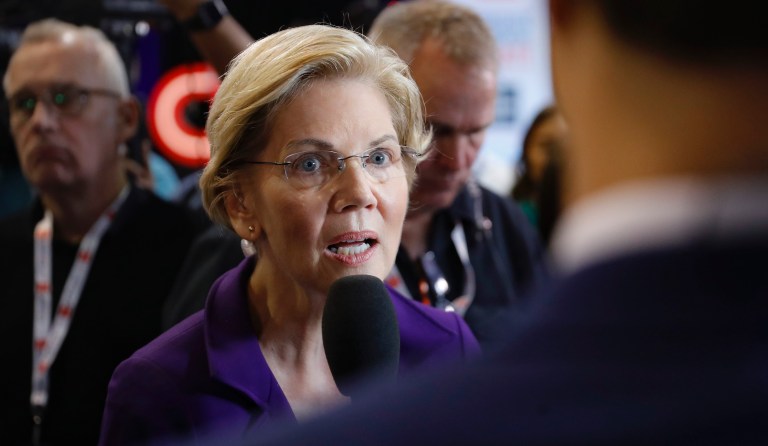 Democratic presidential candidate Sen. Elizabeth Warren, D-Mass., speaks in the spin room following a Democratic presidential primary debate hosted by CNN/New York Times at Otterbein University, Tuesday, Oct. 15, 2019, in Westerville, Ohio.