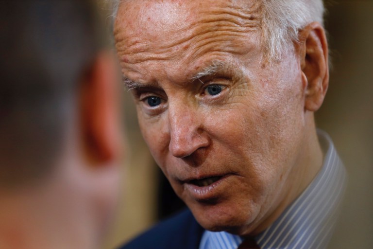 Democratic presidential candidate former Vice President Joe Biden speaks with an audience member during a community event, Wednesday, Oct. 16, 2019, in Davenport, Iowa.