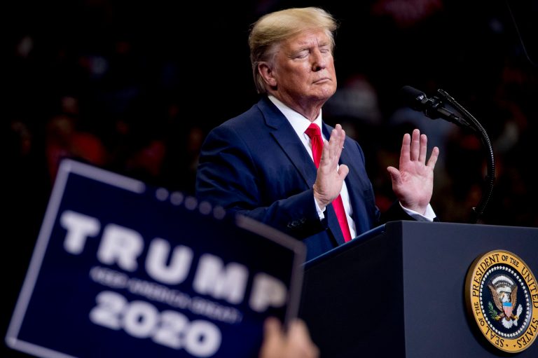 President Donald Trump speaks at a campaign rally at American Airlines Arena in Dallas, Texas, Thursday, Oct. 17, 2019.