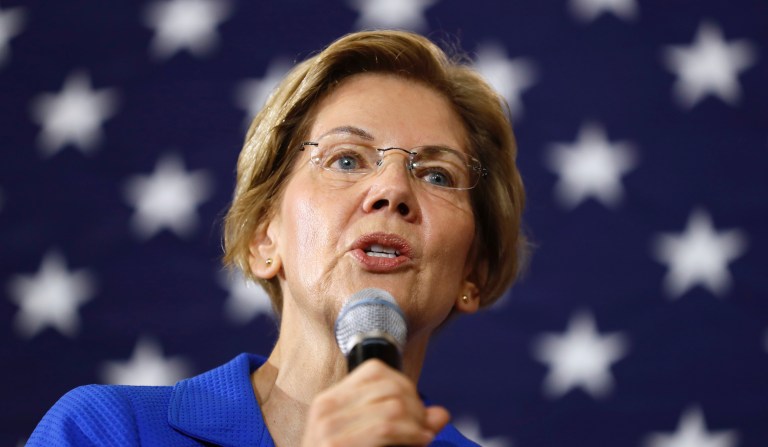 Democratic presidential candidate Sen. Elizabeth Warren, D-Mass., speaks to students and staff at Roosevelt High School, Monday, Oct. 21, 2019, in Des Moines, Iowa.
