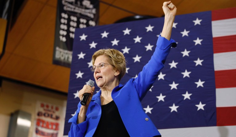 Democratic presidential candidate Sen. Elizabeth Warren, D-Mass., speaks to students and staff at Roosevelt High School, Monday, Oct. 21, 2019, in Des Moines, Iowa.