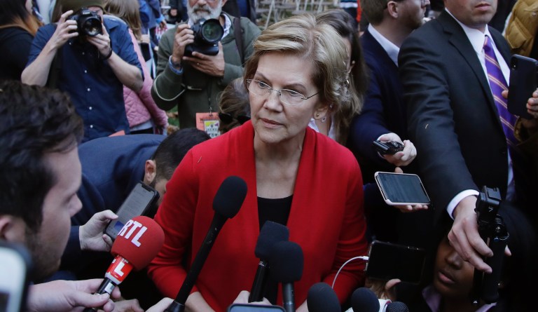 Democratic presidential candidate Sen. Elizabeth Warren, D-Mass., listens to a reporter's question at a campaign event, Thursday, Oct. 24, 2019, in Hanover, N.H.