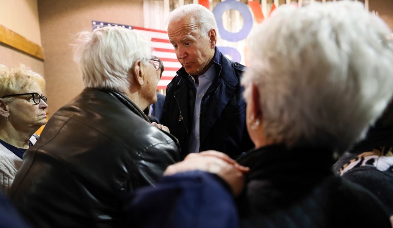 Democratic presidential candidate former Vice President Joe Biden talks with audience members during a town hall meeting, Thursday, Oct. 31, 2019, in Fort Dodge, Iowa. 