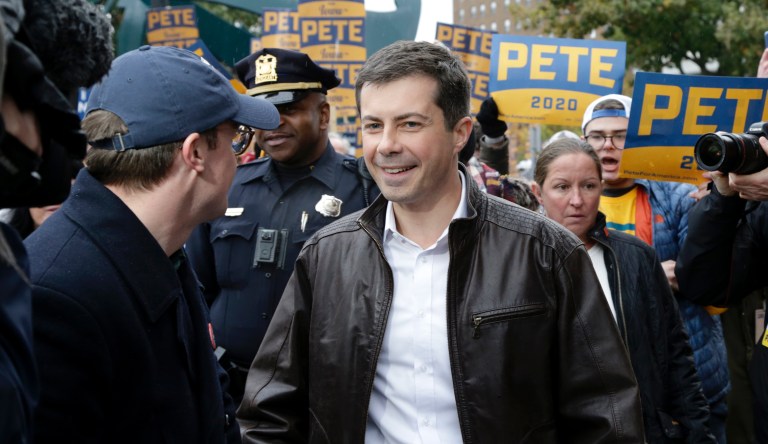 Democratic presidential candidate and South Bend Mayor Pete Buttigieg leads supporters on a march to the Democratic Partyâs Liberty and Justice Celebration event in Des Moines, Iowa, Friday, Nov. 1, 2019.