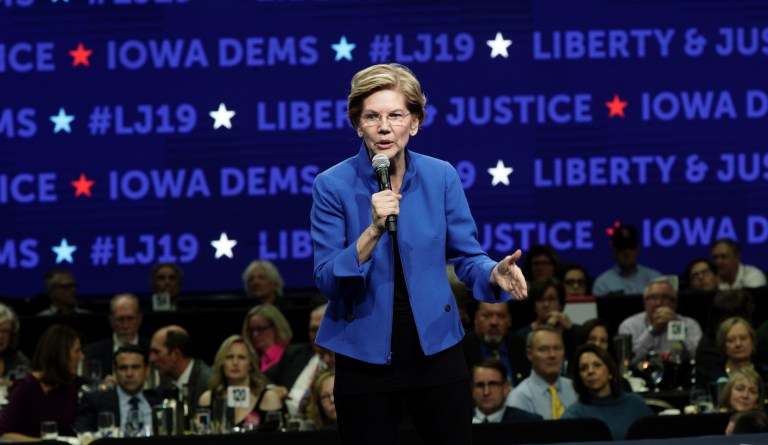 Democratic presidential candidate Sen. Elizabeth Warren speaks during the Iowa Democratic Party's Liberty and Justice Celebration, Friday, Nov. 1, 2019, in Des Moines, Iowa.
