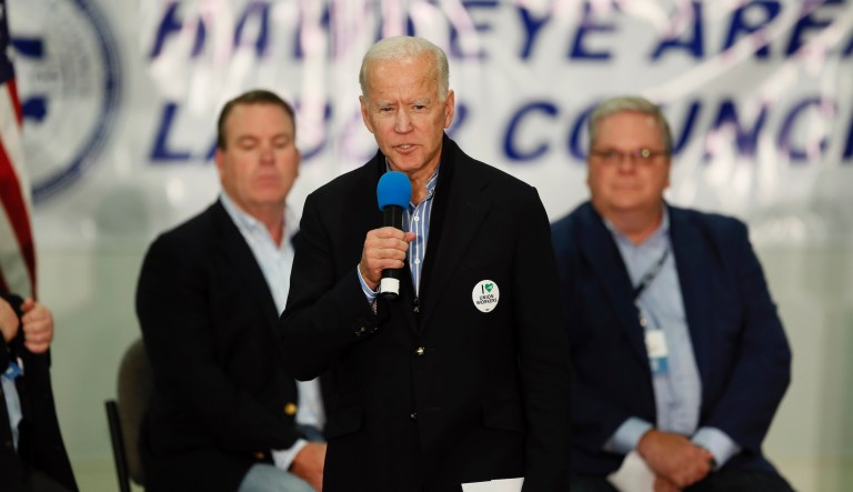 Democratic presidential candidate former Vice President Joe Biden speaks during a fund-raising fish fry for U.S. Rep. Abby Finkenauer, D-Iowa, Saturday, Nov. 2, 2019, at Hawkeye Downs Expo Center in Cedar Rapids, Iowa. 
