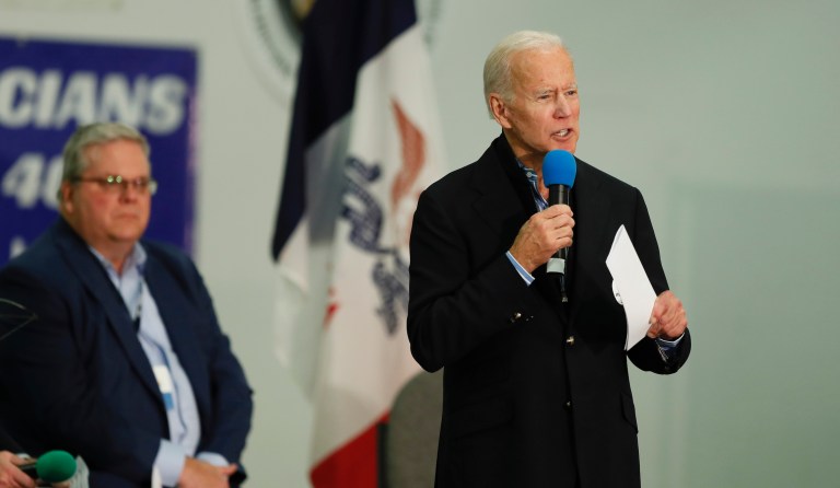 Democratic presidential candidate former Vice President Joe Biden speaks during a fund-raising fish fry for U.S. Rep. Abby Finkenauer, D-Iowa, Saturday, Nov. 2, 2019, at Hawkeye Downs Expo Center in Cedar Rapids, Iowa.