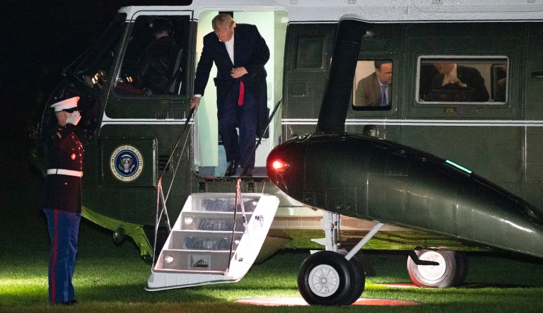 President Donald Trump steps off Marine One after landing on the South Lawn of the White House in Washington, Thursday, Nov. 7, 2019, as he returns from a campaign rally in Monroe, La. 