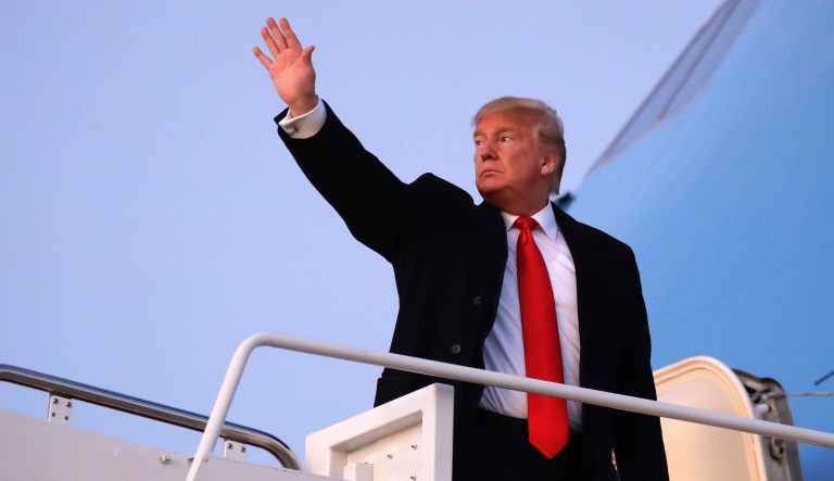President Donald Trump boards Air Force One for a campaign rally in Bossier City, La., Thursday, Nov. 14, 2019, in Andrews Air Force Base, Md. 
