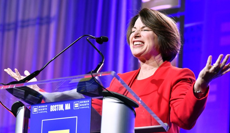 Sen. Amy  Klobuchar D-Minn joined Human Rights Campaign President Alphonso David, and Actress Olympia Dukakis,  as speakers at the 37th annual HRC New England dinner on Saturday, Nov. 23, 2019 in Boston. The HRC New England dinner brings hundreds of LGBTQ advocates and allies together for an evening of celebration across greater New England.