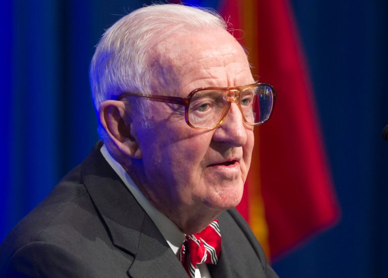 In this 2012 file photo, former U.S. Supreme Court Justice John Paul Stevens speaks at a lecture.