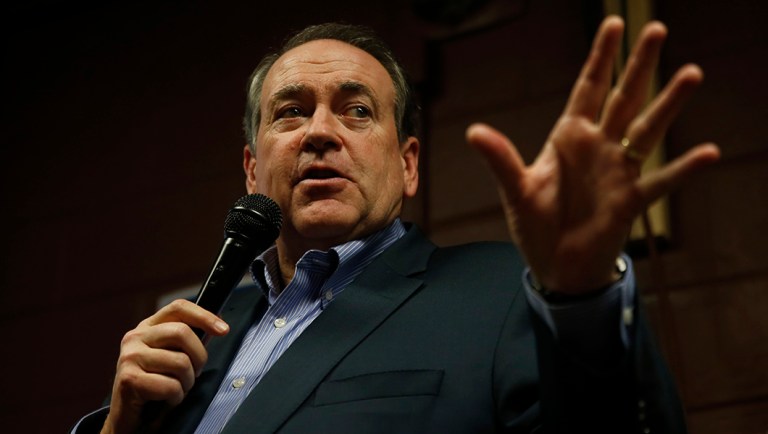 Former Arkansas Gov. Mike Huckabee speaks at Inspired Grounds Cafe, Sunday, Jan. 31, 2016, in West Des Moines, Iowa. (AP Photo/Kiichiro Sato)
