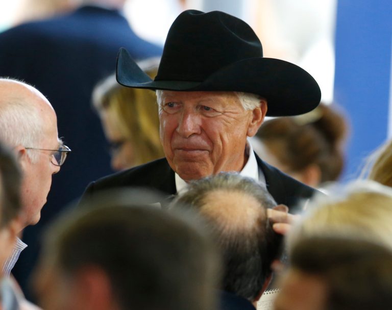 in this 2015 photo, businessman Foster Friess talks with those gathered in Cabot, Pa., where former U.S. Sen. Rick Santorum announced his candidacy for the Republican nomination for U.S. president in the 2016 election.