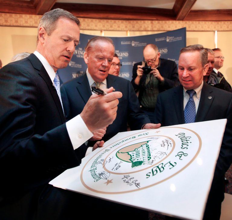 Former Maryland Gov. Martin O'Malley signs a poster at a Politics and Eggs breakfast with area business leaders, Tuesday, March 31, 2015, in Bedford, N.H. The stop is one of many for those seeking their party's nomination for president. He lost and has just announced that he won't run in 2020.
