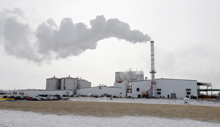 In this photo from Jan. 6, 2015, steam blows over the Green Plains ethanol plant in Shenandoah, Iowa.