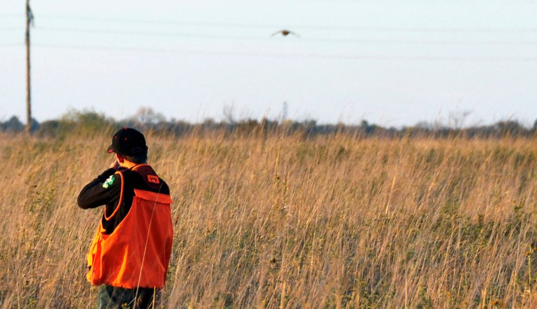 A teenager takes aim at a pheasant during a hunt.