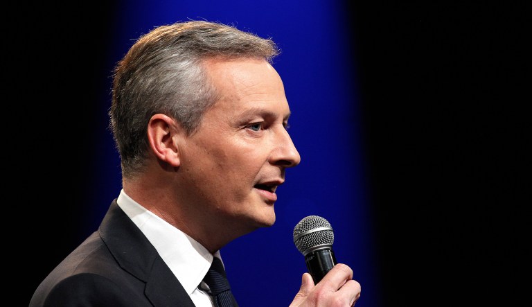Bruno Le Maire delivers a speech in France.