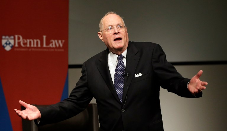 In this 2013 photo, then-Supreme Court Justice Anthony Kennedy speaks to faculty members at the University of Pennsylvania law school in Philadelphia.