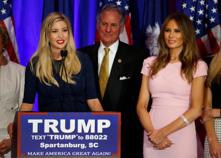 Ivanka Trump, daughter of Republican presidential candidate Donald Trump, speaks during a South Carolina Republican primary night event as Melania Trump, right, listens, Saturday, Feb. 20, 2016 in Spartanburg, S.C.