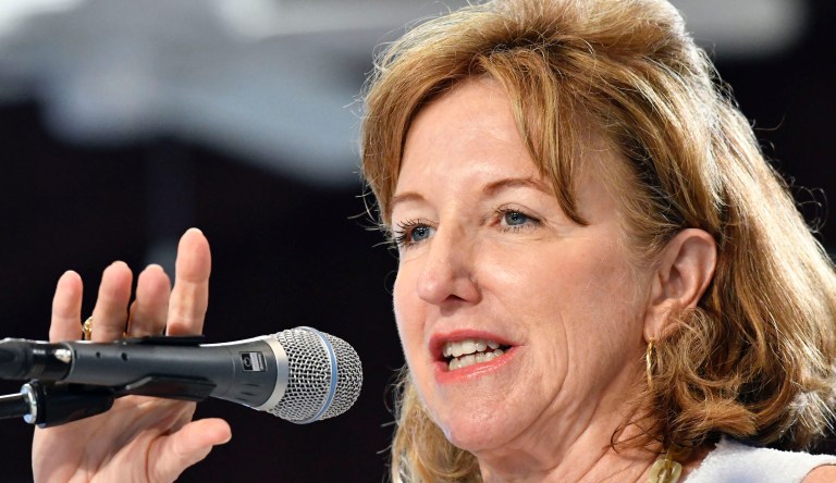 Former North Carolina Senator Kay Hagan speaks as the representative or Hillary Clinton at the Fancy Farm Picnic, Saturday, Aug. 6, 2016 in Fancy Farm Ky. 