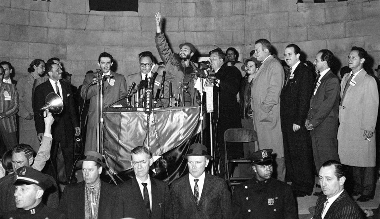 Cuban Prime Minister Fidel Castro waves to crowd of over 35,000 which frequently cheered his speech in New Yorkâs Central Park April 24, 1959. Police estimated the size of throng which heard leader of Cuban Rebellion say, âthe rich nation of the North U.S. has understood our just cause.â