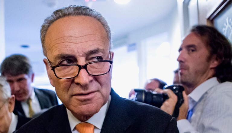 Sen. Chuck Schumer, D-N.Y., makes his way through a crowd.