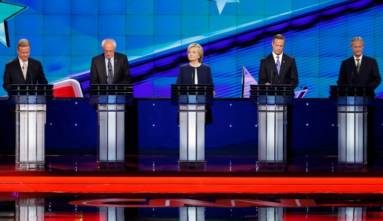 Democratic presidential candidates from left, former Virginia Sen. Jim Webb, Sen. Bernie Sanders, of Vermont, Hillary Rodham Clinton, former Maryland Gov. Martin O'Malley, and former Rhode Island Gov. Lincoln Chafee take the stage before the CNN Democratic presidential debate on Oct. 13, 2015 in Las Vegas.