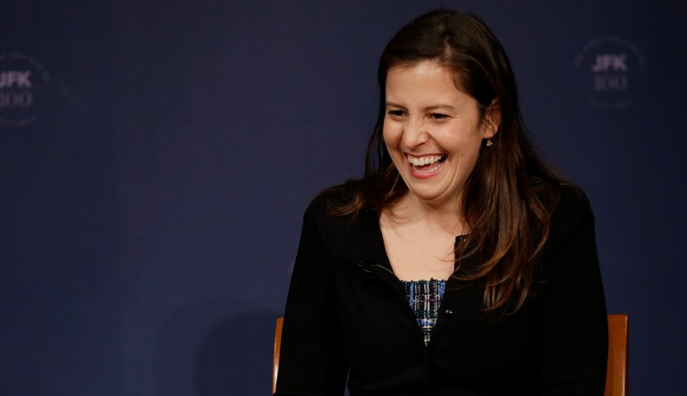 Rep. Elise Stefanik, R-NY, smiles as she speaks during the John F. Kennedy Centennial Symposium in Cambridge, Mass.  